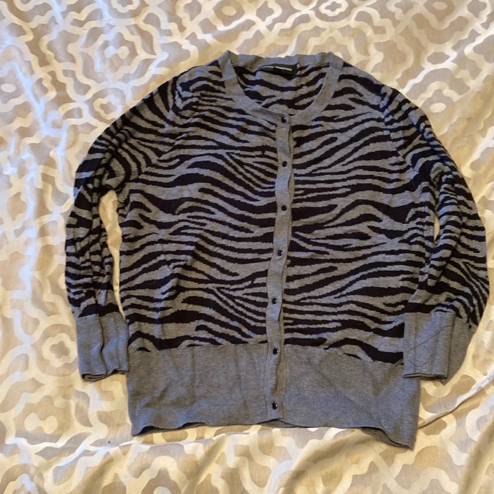 Express zebra print cardigan with black diamond buttons